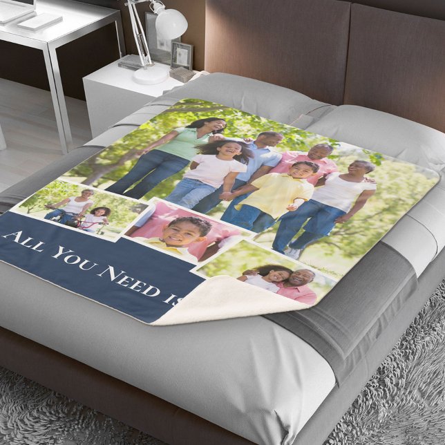 Custom Photo Collage All You Need is Love Blue Sherpa Blanket (Creator Uploaded)