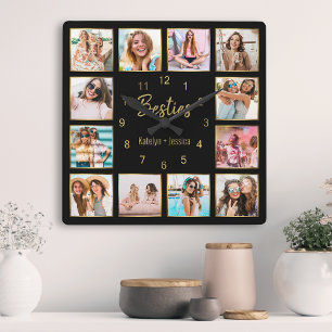 Custom Photo Collage Besties Gold Black Square Wall Clock