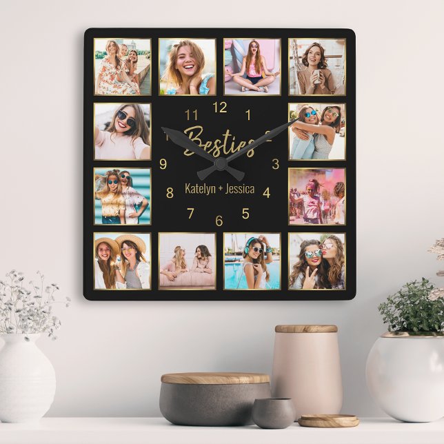 Custom Photo Collage Besties Gold Black Square Wall Clock (Creator Uploaded)