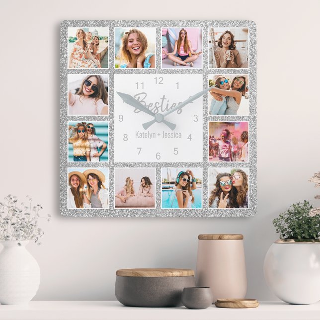 Custom Photo Collage Besties Silver Glitter Square Wall Clock (Creator Uploaded)