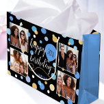 Custom Photo Collage Birthday Blue 30th Large Gift Bag<br><div class="desc">Create a stylish photo collage gift bag! Personalize the template with four favourite photos,  the recipient's name,  and birthday age. A fun design featuring round confetti,  balloons,  and "Happy Birthday" in a trendy script. Perfect for family,  kids,  friends,  and pets! Printed colours: blue,  black,  white and gold.</div>