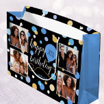 Custom Photo Collage Birthday Blue Large Gift Bag<br><div class="desc">Make your birthday gift extra special with a personalized celebration gift bag! This stylish template is customized with the recipient's name and age, and showcases four of your favourite photos. The design features circle shapes, balloons and an elegant script font, and it comes in blue, black and gold colour. Custom...</div>