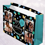 Custom Photo Collage Birthday Turquoise 25th Large Gift Bag<br><div class="desc">Create a stylish photo collage gift bag! Personalize the template with four favourite photos,  the recipient's name,  and birthday age. A fun design featuring round confetti,  balloons,  and "Happy Birthday" in a trendy script. Perfect for family,  kids,  friends,  and pets! Printed colours: teal green,  blue,  black,  white and gold.</div>