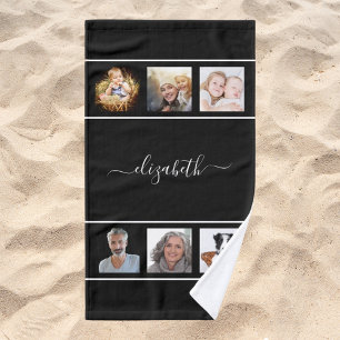 Custom photo collage black monogram script hand towel