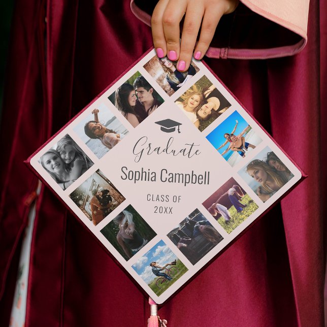 Custom Photo Collage Blush Pink Trendy Cute Script Graduation Cap Topper (Creator Uploaded)