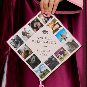 Custom Photo Collage Blush Pink Trendy Cute Script Graduation Cap Topper
