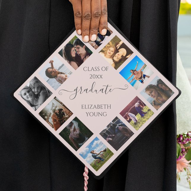 Custom Photo Collage Blush Pink Trendy Cute Script Graduation Cap Topper (Creator Uploaded)