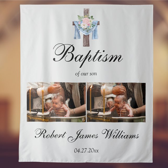 Custom Photo Collage Christening Baptism Backdrop Tapestry (Creator Uploaded)