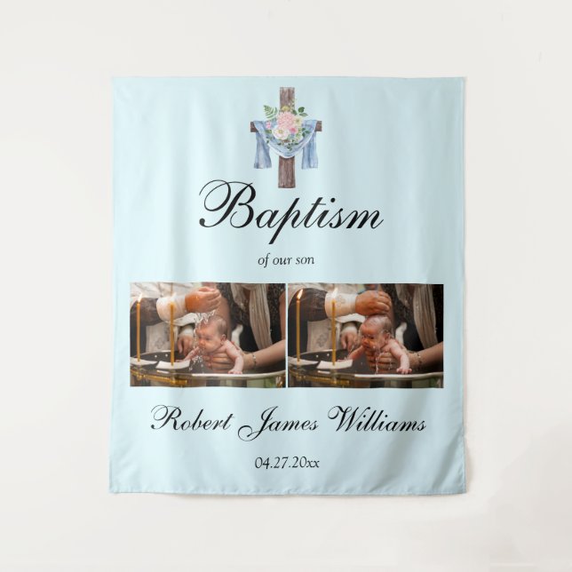 Custom Photo Collage Christening Baptism Backdrop  Tapestry (Front)