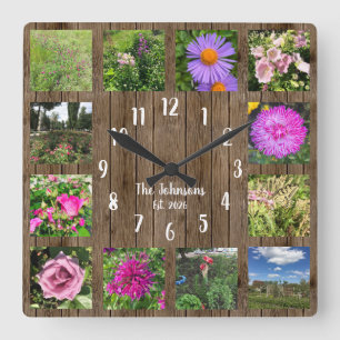 Custom Photo Collage Country Rustic Wood Square Wall Clock