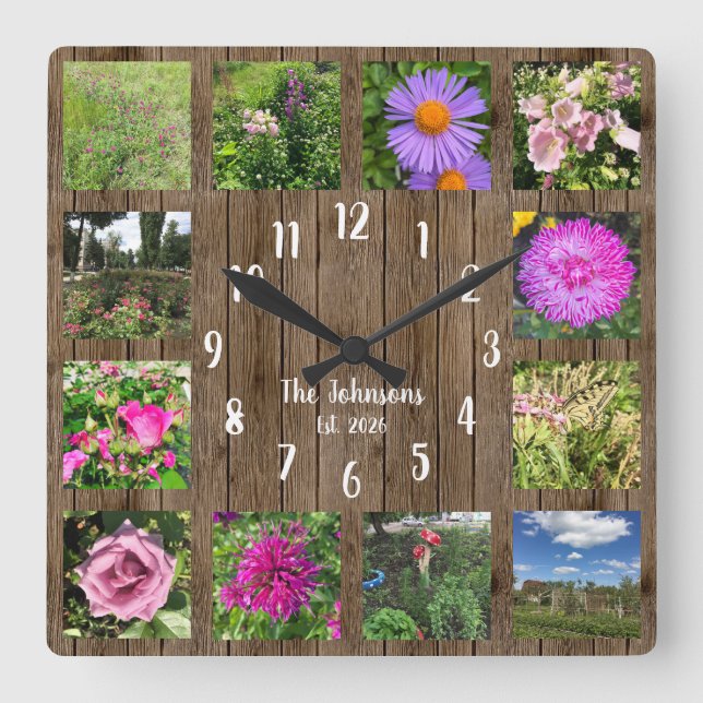 Custom Photo Collage Country Rustic Wood Square Wall Clock (Front)