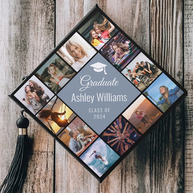 Custom Photo Collage Dusty Blue Trendy Cute Script Graduation Cap Topper (Creator Uploaded)