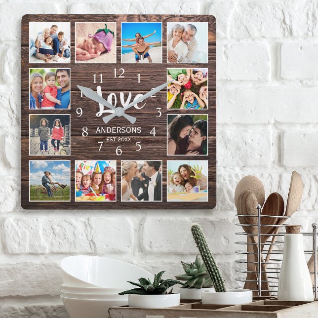 Custom Photo Collage Family Love Script Wooden Square Wall Clock (Creator Uploaded)