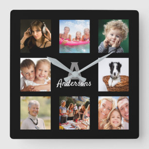 Custom photo collage family monogram name black square wall clock
