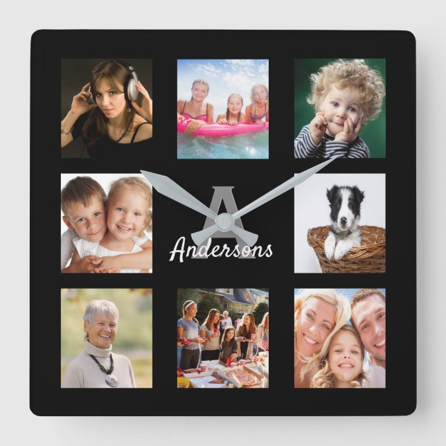 Custom photo collage family monogram name black square wall clock (Front)