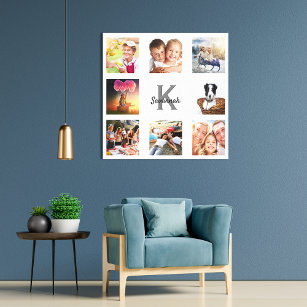 Custom photo collage family monogram white canvas print