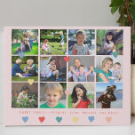 Custom photo collage family name colourful hearts faux canvas print<br><div class="desc">Happy family script name keepsake gift with 12 custom square photo collage and colourful hearts spread over a pastel pink blush (changeable) background.          Upload your photos and personalize the text!</div>