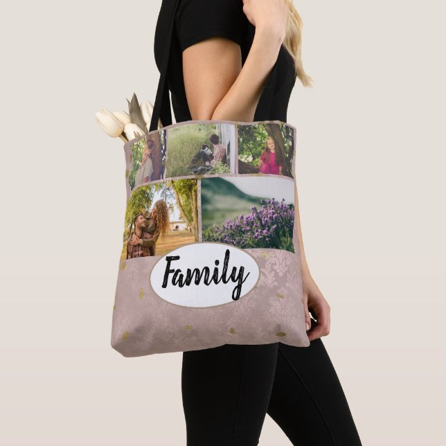 Custom Photo Collage Family Rose Gold Fall Tote Bag (Close Up)