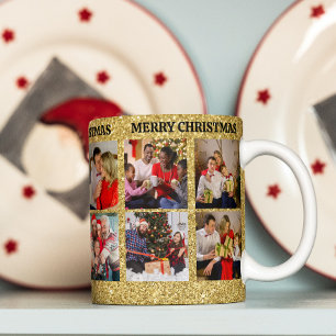 Custom photo collage gold glitter Merry Christmas Coffee Mug