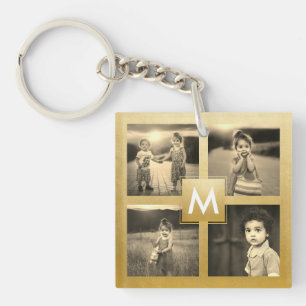 Custom Photo Collage Gold Monogram 4 Images Keychain
