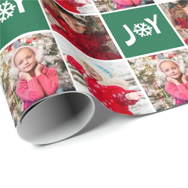 Custom Photo Collage Green Joy Christmas Wrapping Paper (Roll Corner)