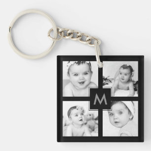 Custom Photo Collage Initial Black 8 Images Keychain