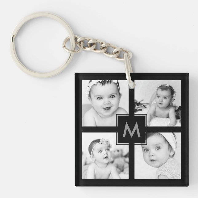 Custom Photo Collage Initial Black 8 Images Keychain (Front)