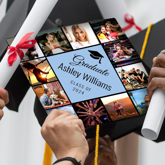 Custom Photo Collage Light Blue Chic Cute Script Graduation Cap Topper (Creator Uploaded)