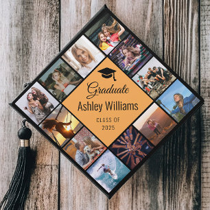 Custom Photo Collage Light Orange Chic Cute Script Graduation Cap Topper