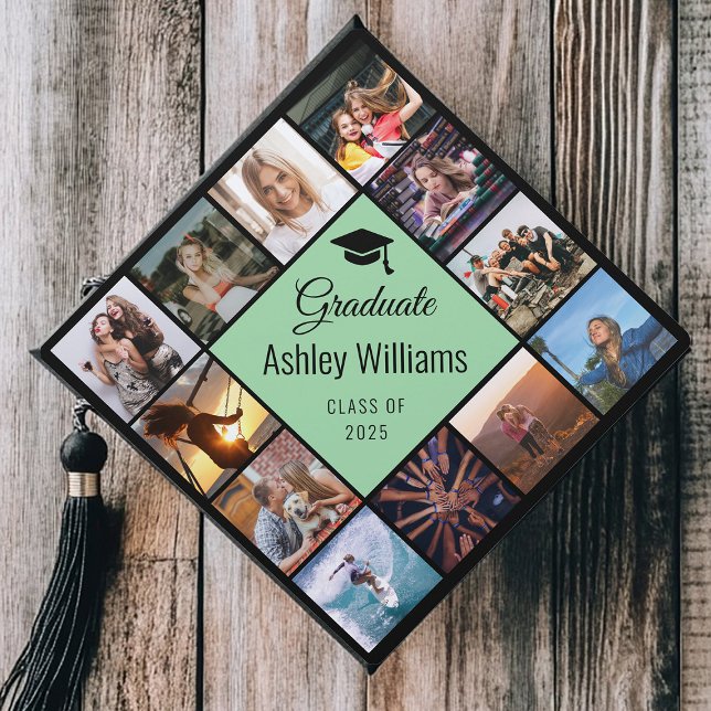 Custom Photo Collage Mint Green Chic Cute Script Graduation Cap Topper (Creator Uploaded)