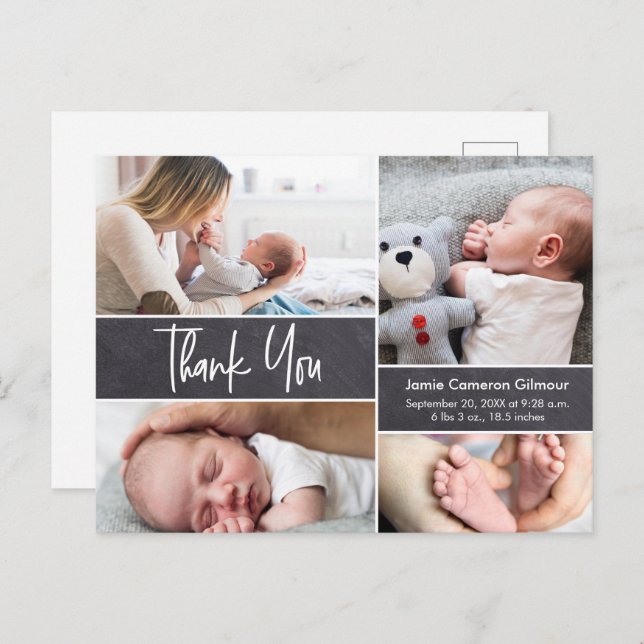 Custom Photo collage modern chalkboard baby boy Invitation Postcard (Front/Back)
