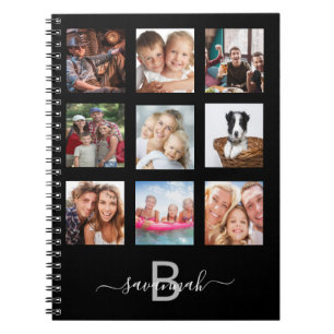 Custom photo collage monogram black modern diary notebook