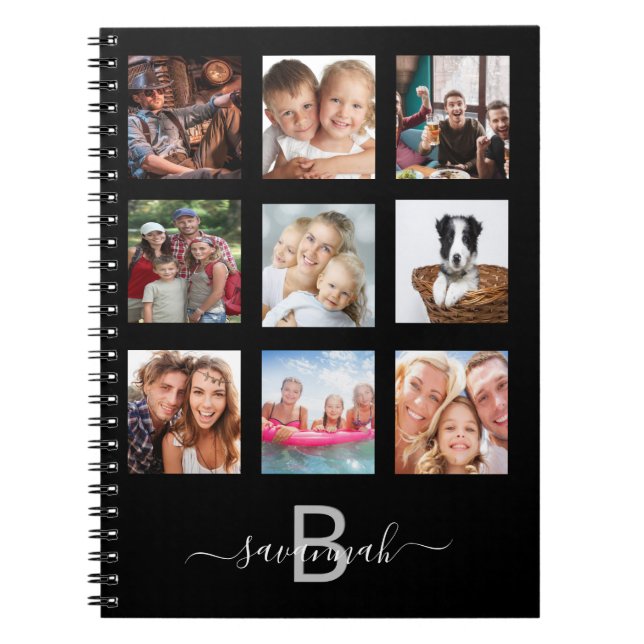 Custom photo collage monogram black modern diary notebook (Front)
