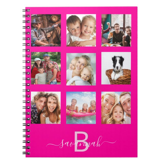 Custom photo collage monogram hot pink diary  notebook (Front)