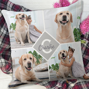 Custom Photo Collage Monogram Name Dog Throw Pillow