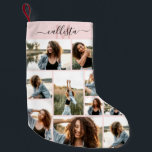 Custom Photo Collage Monogram Name Initial Small Christmas Stocking<br><div class="desc">This cute and cool Christmas stocking is perfect for every member of your family. Make a special and customized stocking for your holiday decor. It features nine picture customizable photo collage with a personalized monogram name initial in black and rose pink on top of a simple blush pink background. It's...</div>