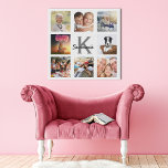 Custom photo collage monogram name white faux canvas print<br><div class="desc">A collage of 8 of your photos. Add images of family,  friends,  pets,  hobbies or dream travel destination. Personalize and add a name,  your monogram initial.  White and grey coloured letters.  A chic white background.</div>