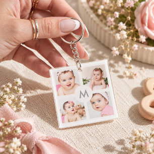 Custom Photo Collage Monogram White 4 Images Keychain