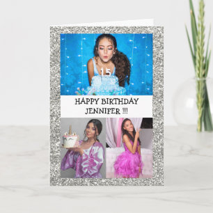 Custom Photo Collage Name Glitter Happy birthday Card