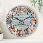 Custom Photo Collage Natural Wood Family Name Large Clock<br><div class="desc">Easily create your own personalized blue rustic driftwood planks lake house style wall clock with your custom photos,  family name and established year. For best results,  crop the images to square - with the focus point in the centre - before uploading.</div>