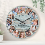 Custom Photo Collage Natural Wood Family Name Round Clock<br><div class="desc">Easily create your own personalized blue rustic driftwood planks lake house style wall clock with your custom photos,  family name and established year. For best results,  crop the images to square - with the focus point in the centre - before uploading.</div>