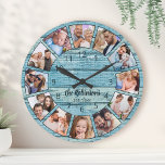 Custom Photo Collage Natural Wood Family Name Round Clock<br><div class="desc">Easily create your own personalized blue rustic driftwood planks lake house style wall clock with your custom photos,  family name and established year. For best results,  crop the images to square - with the focus point in the centre - before uploading.</div>