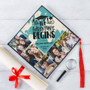Custom photo collage personalized adventure begins graduation cap topper