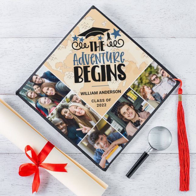 Custom photo collage personalized adventure begins graduation cap topper (Creator Uploaded)