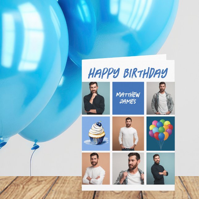 Custom Photo Collage Personalized Blue Birthday Card (Creator Uploaded)