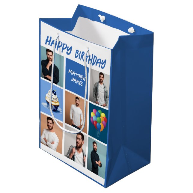 Custom Photo Collage Personalized Blue Birthday Medium Gift Bag (Front Angled)