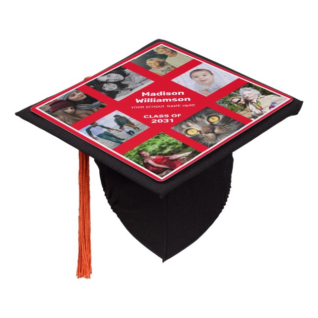 Custom Photo Collage Personalized Name Red White Graduation Cap Topper (Angled)