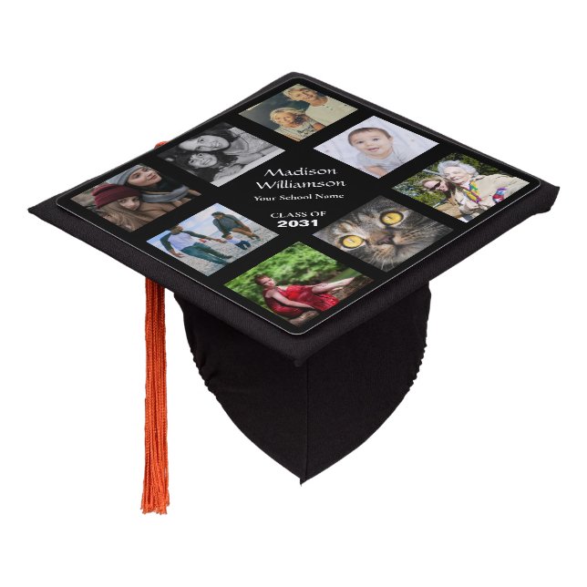 Custom Photo Collage Personalized Name School Year Graduation Cap Topper (Angled)