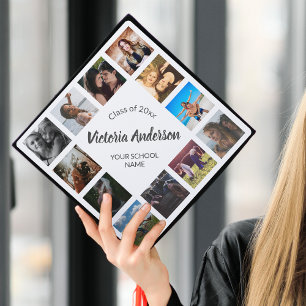 Custom Photo Collage Personalized Name White Graduation Cap Topper