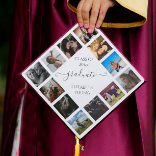Custom Photo Collage Personalized Name White Graduation Cap Topper